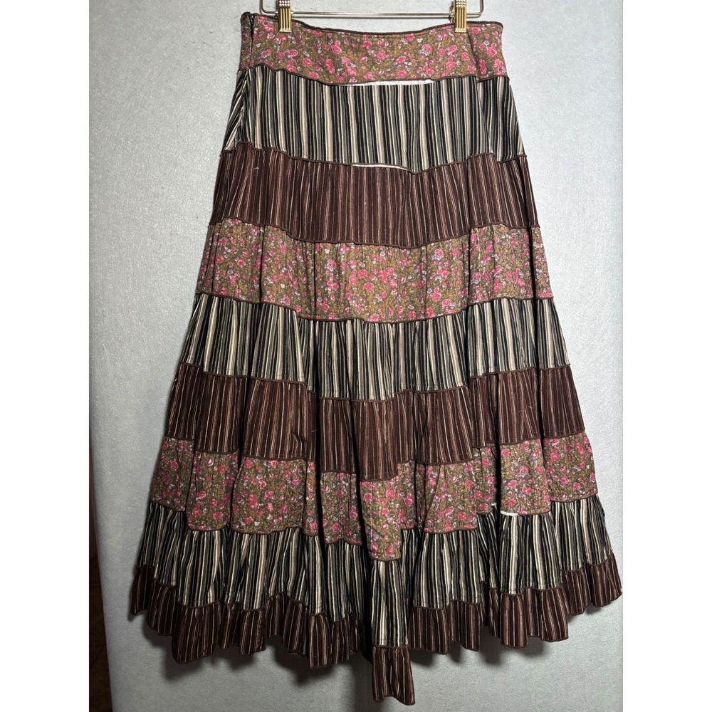 Lapis Womens M Corduroy Tiered Maxi Skirt Floral Striped Boho A-Line Cottagecore - Picture 3 of 6